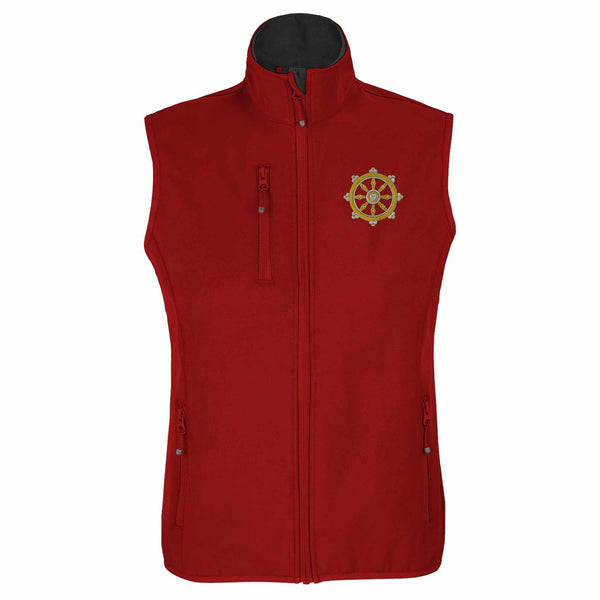 Gilet rouge bouddhiste avec roue de la loi brodée, symbole tibétain de la philosophie bouddhique