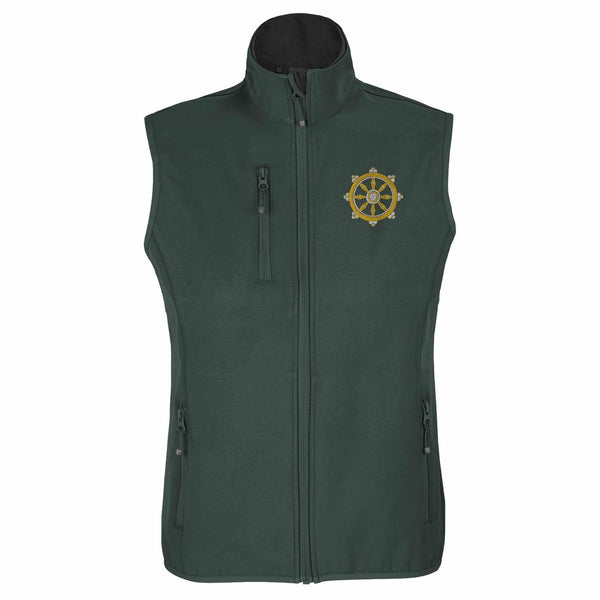 Gilet vert foncé avec roue de la loi bouddhiste brodée, symbole de la philosophie tibétaine