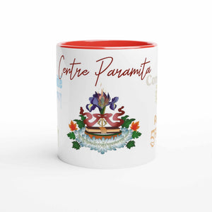 Tasse bouddhiste Centre Paramita avec fleur et symboles tibétains, idéale pour méditation et philosophie
