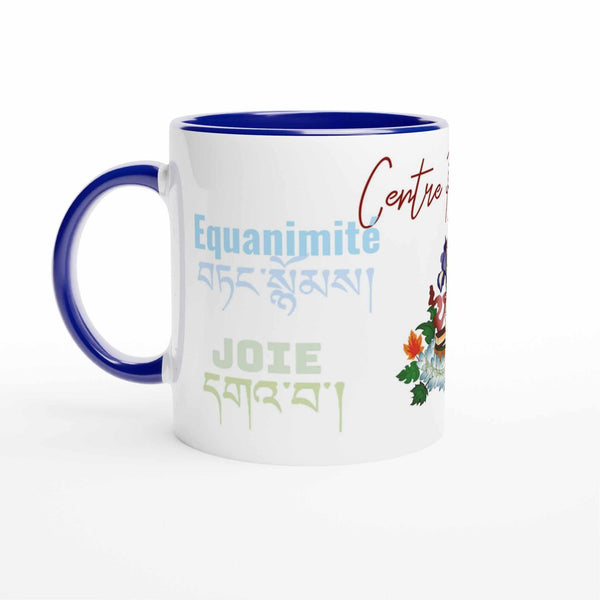 Mug bouddhiste avec équanimité et joie en français et tibétain, design floral et bordure bleue