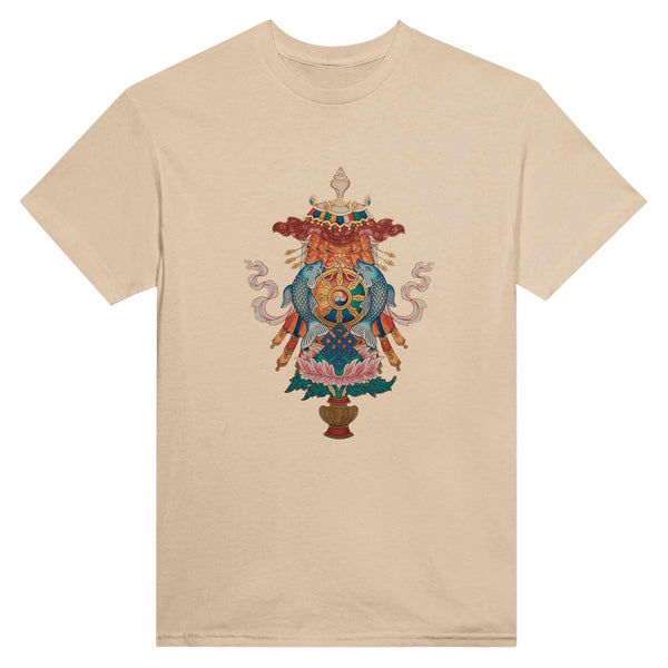T-shirt beige avec symbole bouddhiste tibétain : poissons, roue, nœud et lotus, art de l'Himalaya