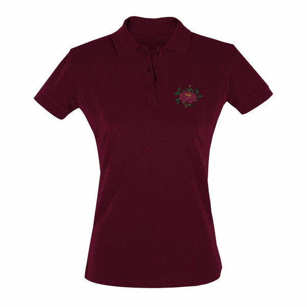 Polo bordeaux femme avec broderie florale, vêtement bouddhiste tibétain