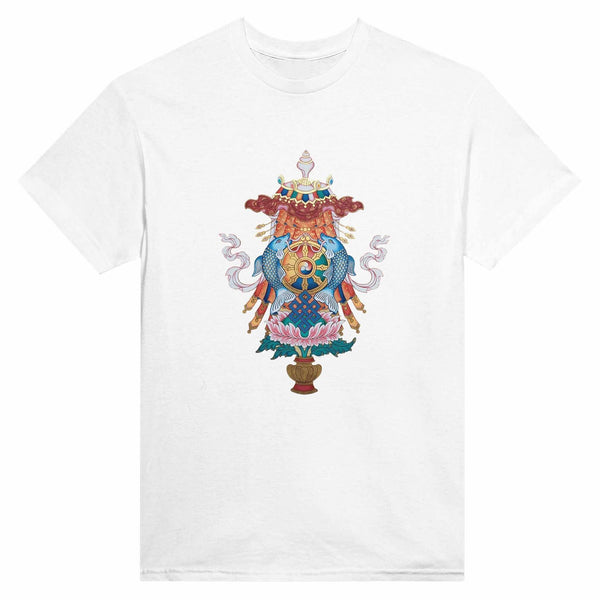T-shirt blanc avec symbole bouddhiste tibétain : poissons, roue, lotus et nœud éternel