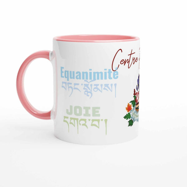 Mug bouddhiste blanc avec équanimite et joie en français et tibétain, détails floraux et intérieur rose