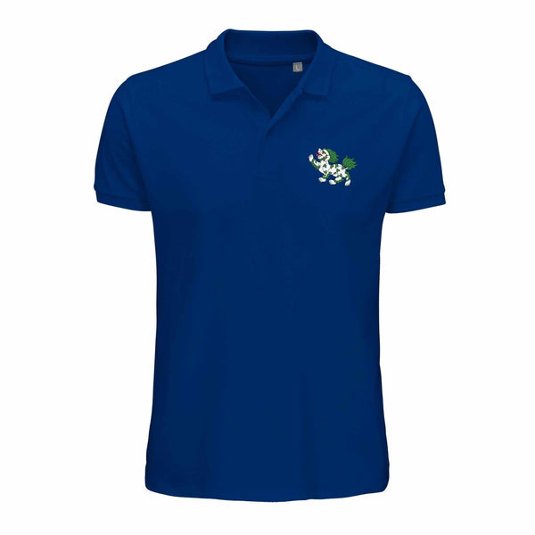 Polo bleu roi avec lion tibétain brodé, symbole de la culture bouddhiste et de l'Himalaya