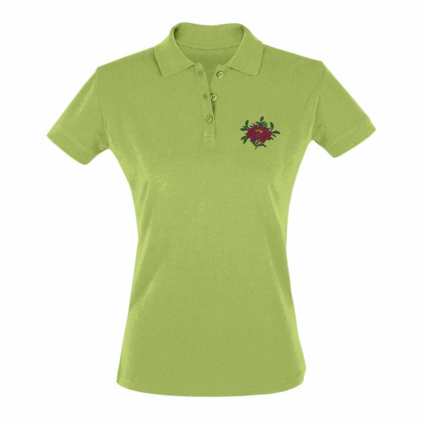 T-shirt polo vert clair avec broderie fleur rouge, style bouddhiste tibétain