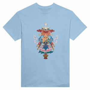 T-shirt bleu clair avec symboles bouddhistes tibétains : poissons, roue, nœud et lotus