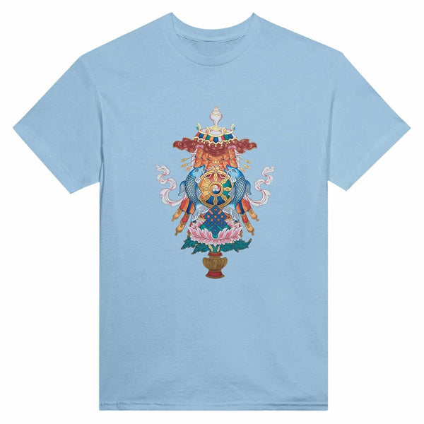 T-shirt bleu clair avec symboles bouddhistes tibétains : poissons, roue, nœud et lotus