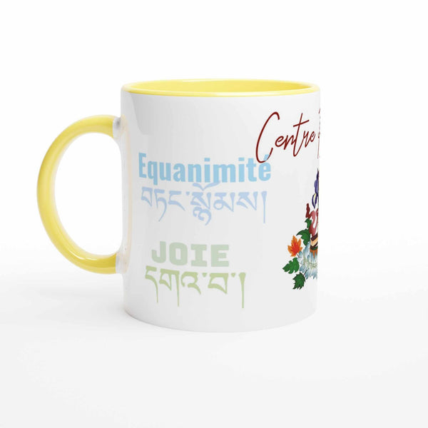 Mug bouddhiste avec équanimité, joie et écriture tibétaine, idéal pour la méditation et la philosophie bouddhiste.