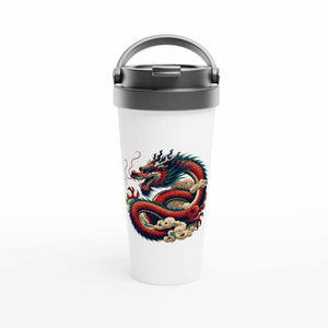 Gobelet de voyage blanc avec dragon tibétain rouge et nuages, design culturel asiatique