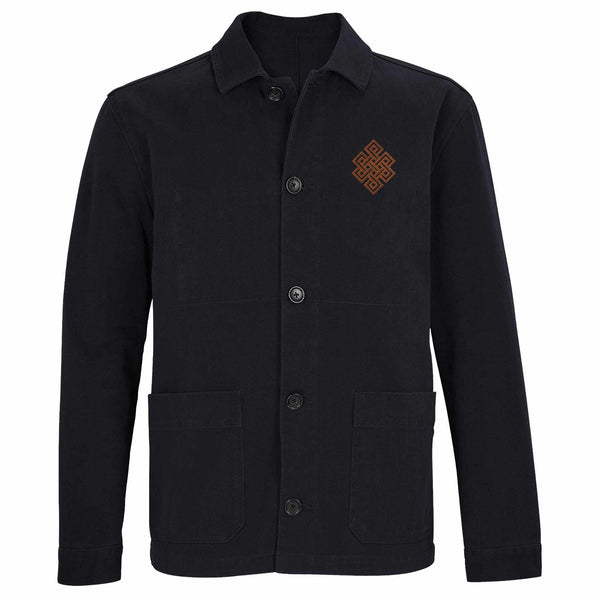 Veste noire à col boutonné avec nœud mystique tibétain brodé, symbole de la philosophie bouddhiste.