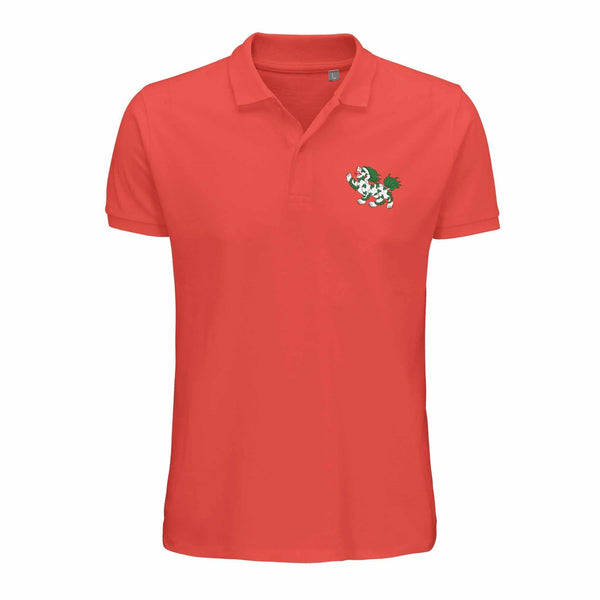 T-shirt polo rouge avec lion tibétain brodé, symbole de la culture bouddhiste