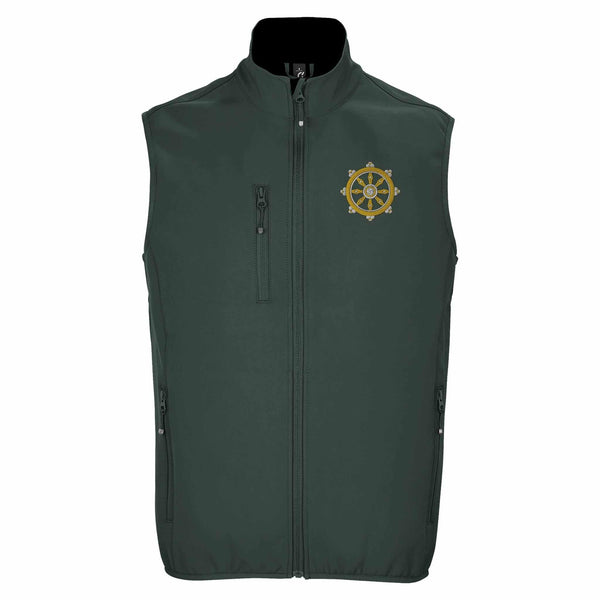 Gilet vert foncé avec roue de la loi bouddhiste brodée, symbole de la philosophie tibétaine