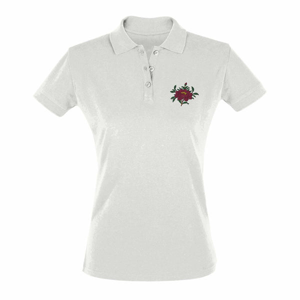 Polo blanc femme avec broderie fleur rouge, vêtement bouddhiste tibétain
