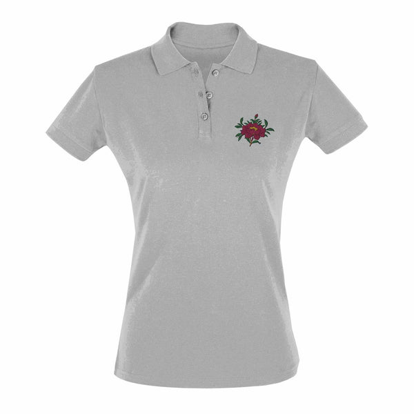 Polo gris clair femme avec broderie fleur rouge, vêtement bouddhiste tibétain