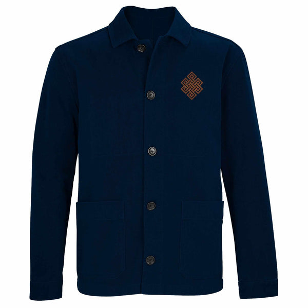 Veste bleu marine à motif bouddhiste tibétain, boutonnée, avec poches, style méditation et culture himalayenne