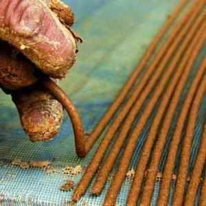 Bâtonnets d'encens tibétain naturel et racine médicinale sur tissu bleu, produits de la médecine tibétaine