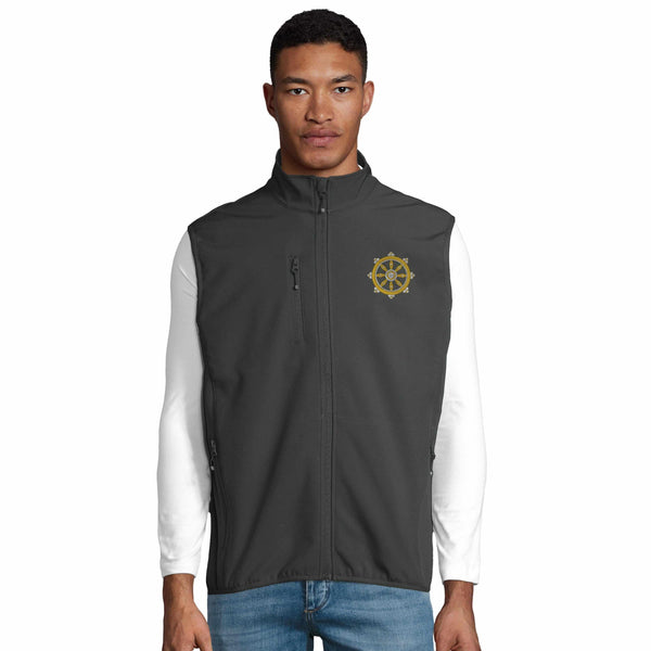 Gilet gris avec roue de la loi bouddhiste brodée, symbole de la philosophie tibétaine