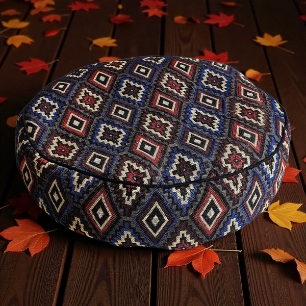 Coussin de méditation tibétain à motifs géométriques sur bois avec feuilles d'automne