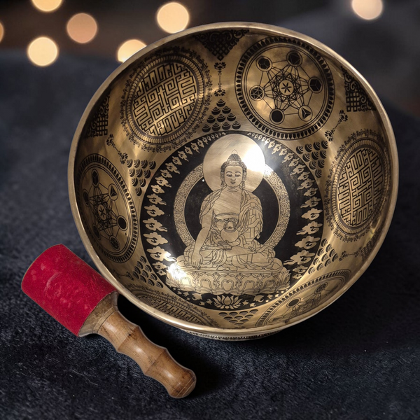 Bol tibétain gravé Bouddha et symboles, avec maillet rouge, pour méditation et bien-être spirituel