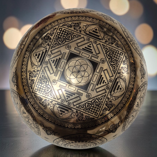 Bol tibétain gravé avec mandala et symboles bouddhistes, objet de méditation et décoration spirituelle