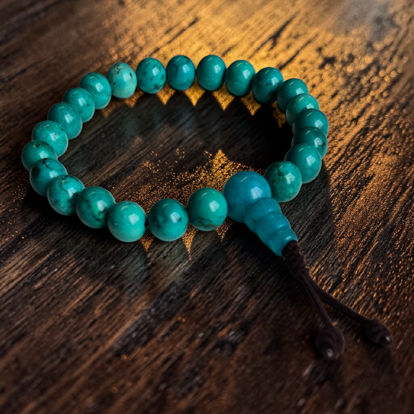 Chapelet bouddhiste en turquoise pour méditation, perles naturelles sur bois, culture tibétaine