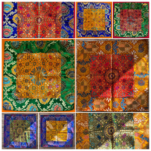 Tissus bouddhistes tibétains aux motifs traditionnels colorés et brodés, objets de décoration spirituelle